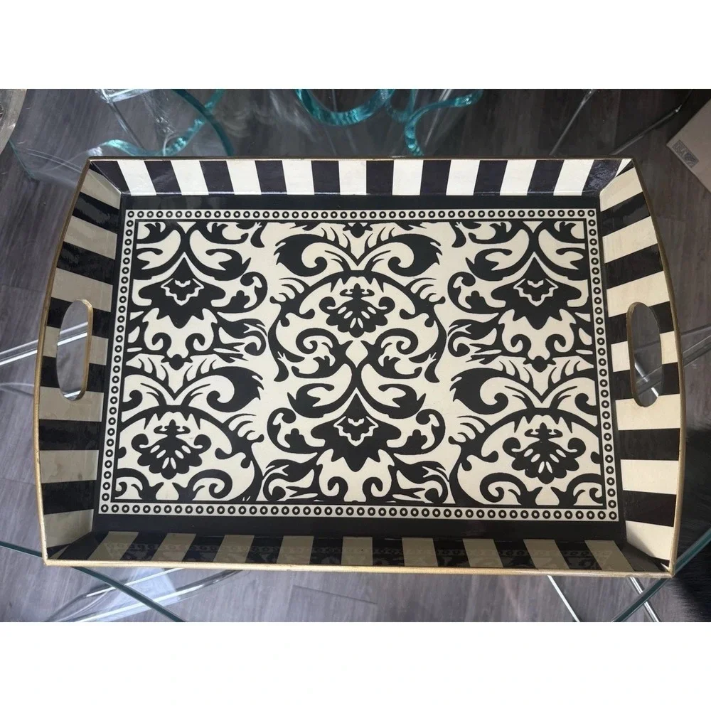 Michel Design Works Black‎ Cream Damask Serving Tray Striped Handles 20